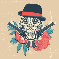 Hand drawn skull with guns and flowers in vintage style