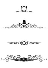 Four vignettes based on loops, knots or interlaced threads with thimble and needles. Black vector shapes on white.