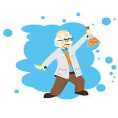 Cartoon scientist, doctor, professor with a flask. Vector