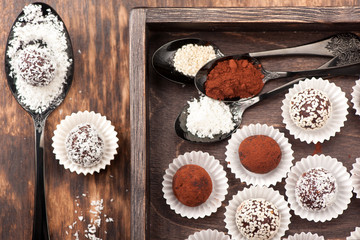 Chocolate truffles assortment closeup