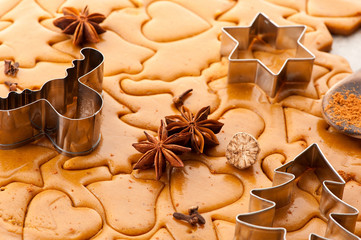 Christmas gingerbread dough, spices and baking cutters
