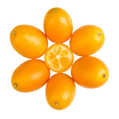 Six whole oval kumquats with an half kumquat in the middle forming a sun symbol. Closeup. Macro photo from above on white background.