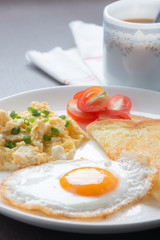 breakfast coffee, fresh fried egg and scrambled Egg
