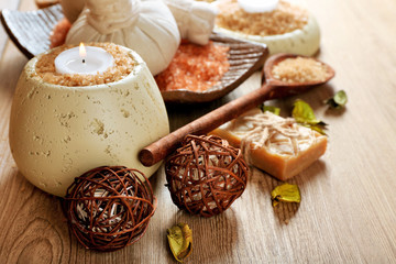 Beautiful spa composition on table close up