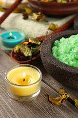 Beautiful spa composition with sea salt on table close up