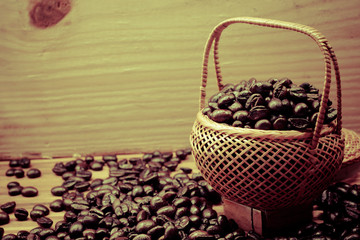 .Coffee beans roasted in bamboo baskets..