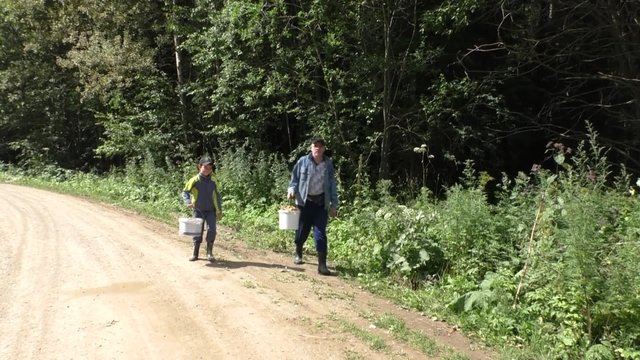 Grandfather and grandson walking along the road from the forest with mushrooms