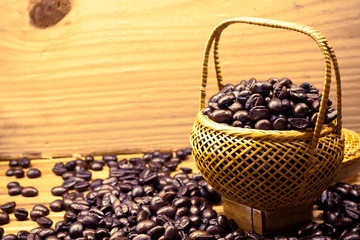 .Coffee beans roasted in bamboo baskets..