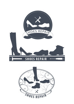 Set Of Vintage Shoes Repair Emblems And Designed Elements