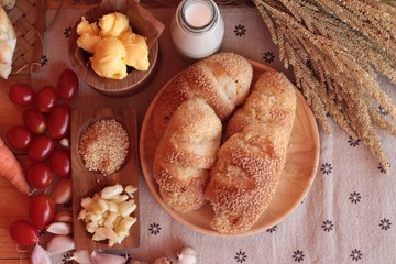 Garlic bread of herb delicious on wood background.