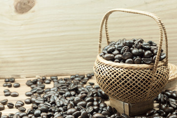 .Coffee beans roasted in bamboo baskets..