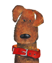 Dog in red dog collar. Watercolor and gouache Illustration - 90058234