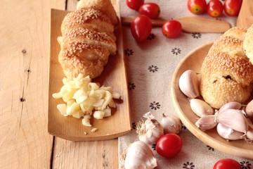Fototapeta premium Garlic bread of herb delicious on wood background.