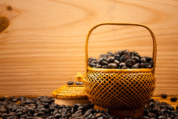 .Coffee beans roasted in bamboo baskets..