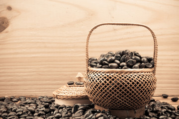 .Coffee beans roasted in bamboo baskets..