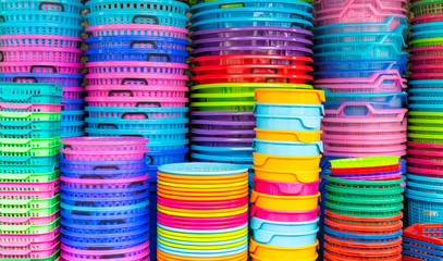 Colorful recycled plastic buckets.