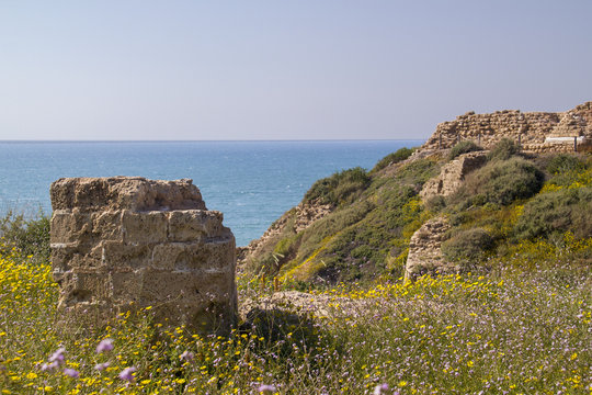 View to Mediterranean sea from the coast and Apollonia's ruins