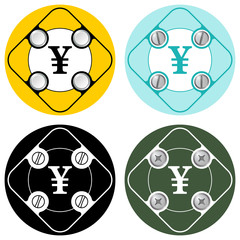 Set of four colored flat simple frames and yen symbol