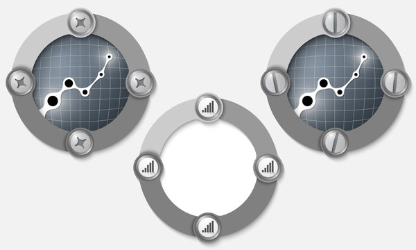 Set of three abstract icons with screws and graph