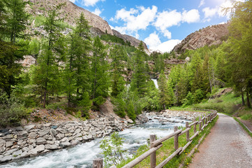Panoramic view Lillaz waterfall in the park of Gran Paradiso, Italy