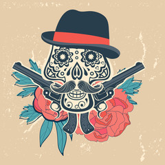 Fototapeta premium Hand drawn skull with guns and flowers in vintage style