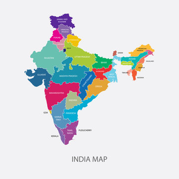 India Map with Regions Colored Vector Illustration