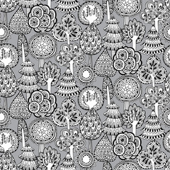 Vector seamless pattern with hand drawn doodle trees