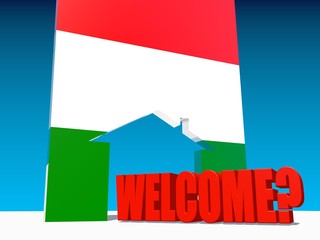 welcome under question and home icon textured by hungary flag