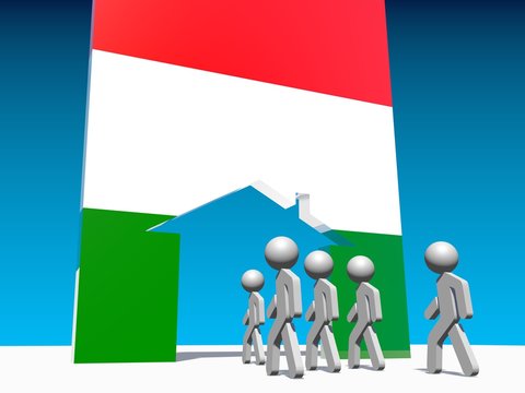 Humans go to home icon textured by hungary flag.