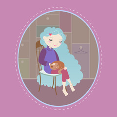 Girl petting a kitten. Illustration on the theme of holidays, vacation, home, pet, child, relaxation.