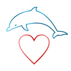 Blue Dolphin jumping through a red heart on a white background