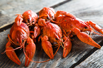 boiled crayfish on a wooden table