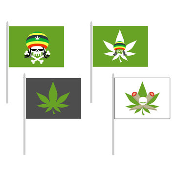 Smoking drugs flag. Rasta Hat skull. Cannabis leaf. Vector illus