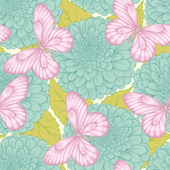 Beautiful seamless pattern with flowers chrysanthemums, leaves and butterflies