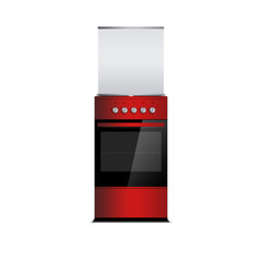 Red gas cooker with oven isolated on white. Stove. Glass cover. Silver switch handles.