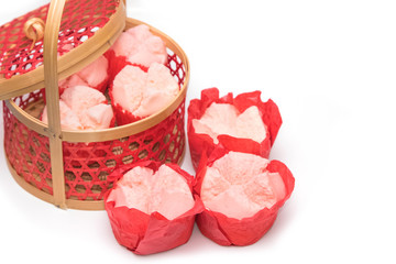 Steamed cupcake with red paper in red basket ,Dessert for chines