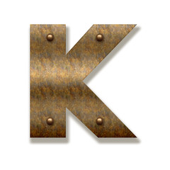 Rusty metal letter K. Alphabet isolated on white background