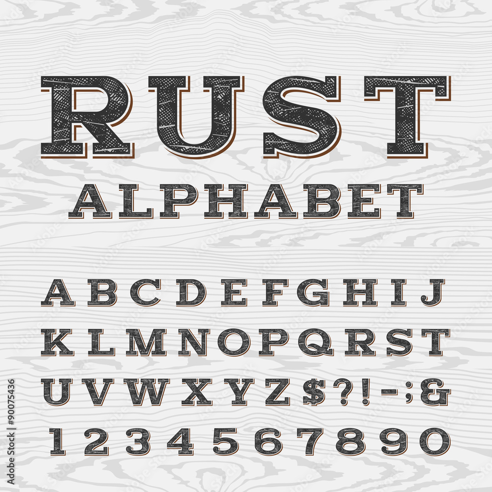 Fototapete retro distressed alphabet vector font. serif type dirty letters, numbers and symbols on a light wood