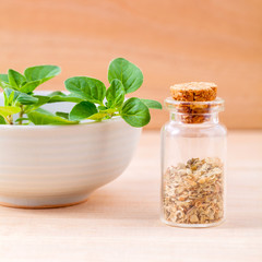 Fresh Oregano and dry Oregano in a the bottle on wooden background .