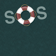 Lifebelt floating on ocean water forming the signal SOS. Vector illustration.