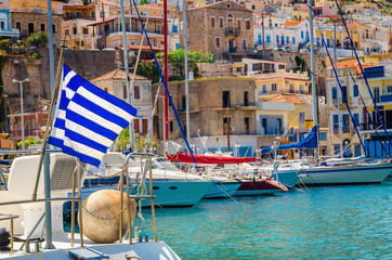 Blue white Greek flag on wind in Greece port, Kos - 90079281