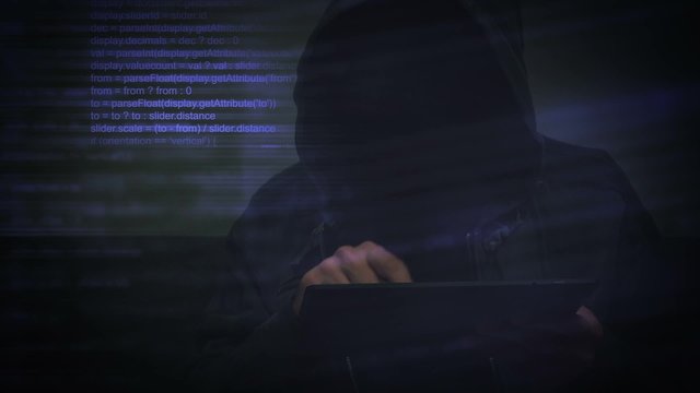 Unrecognizable hooded cyber criminal using digital tablet computer to access deep web internet page, p2p, piracy or network security concept, 1920x1080, 1080p full hd footage