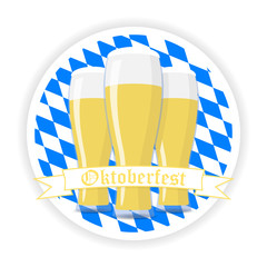 Oktoberfest round label. Bavarian flag background with glasses of beer. Vector