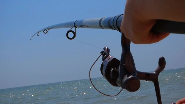  Fishing. A fisherman pulls a fishing line on a reel for fishing rods
