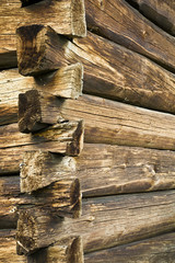 Fragment ściany  starego drewnianego budynku pogryzionej przez szkodniki