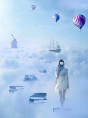 In search for knowledge concept. Woman walking down the book pass above clouds