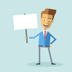 Handsome manager holding a poster. Cartoon character - businessman.