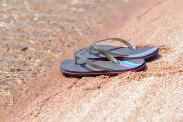 Pair of Flip Flops on Sandy Beach Shore