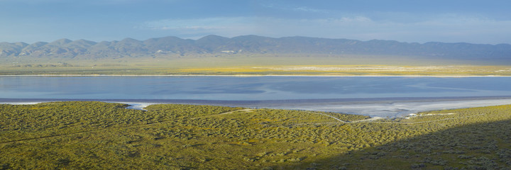 Panoramic view of mirror reflections on Soda Lake at sunset from the Carrizo National Monument, the US Department of Interior, in Southern California