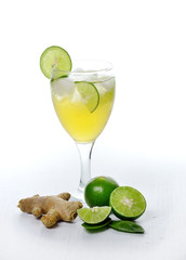 Lemonade and ginger  isolated on wooden background.